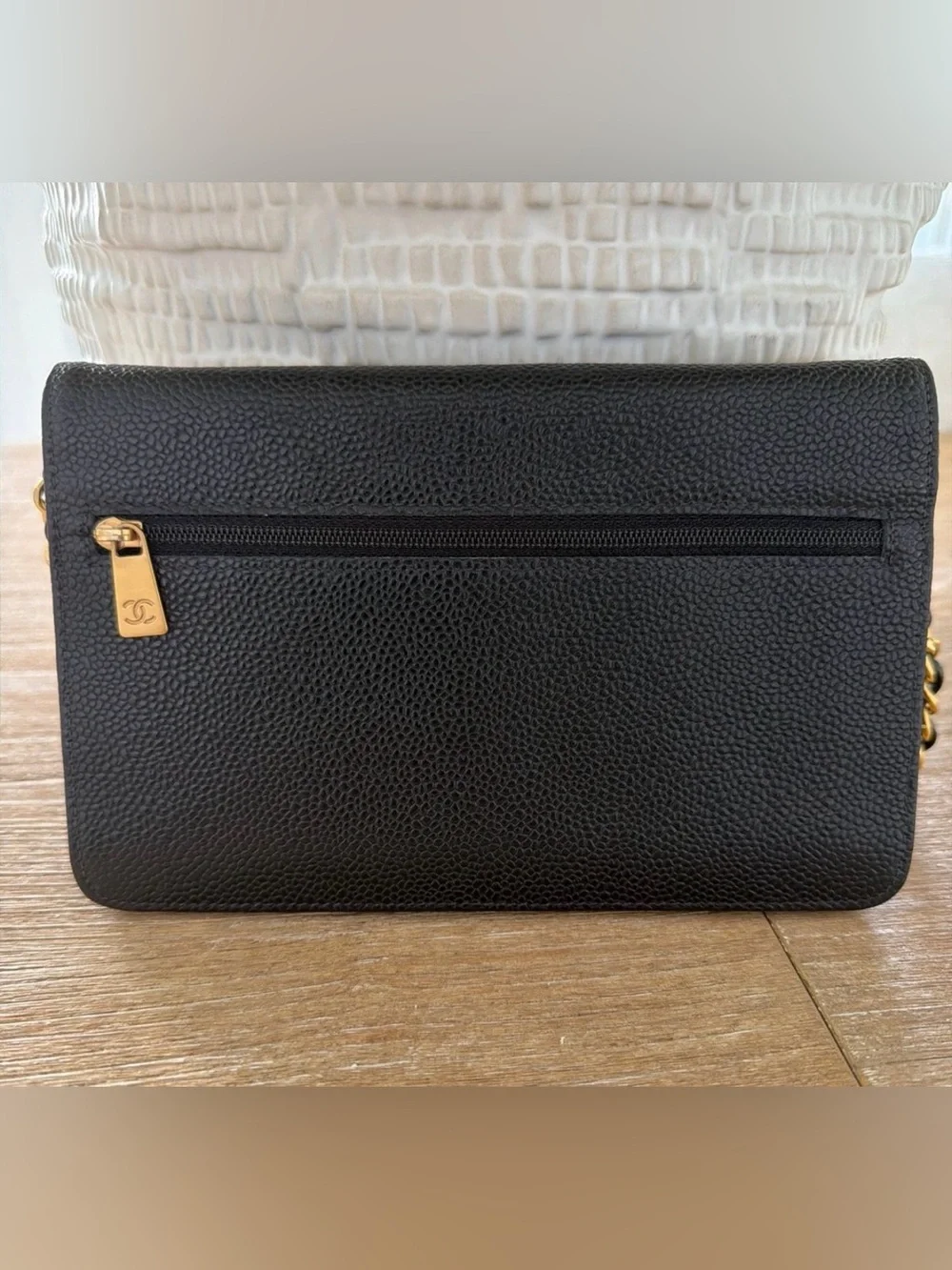 CHANEL Black Caviar Leather Flap Bag with Gold Chain WOC